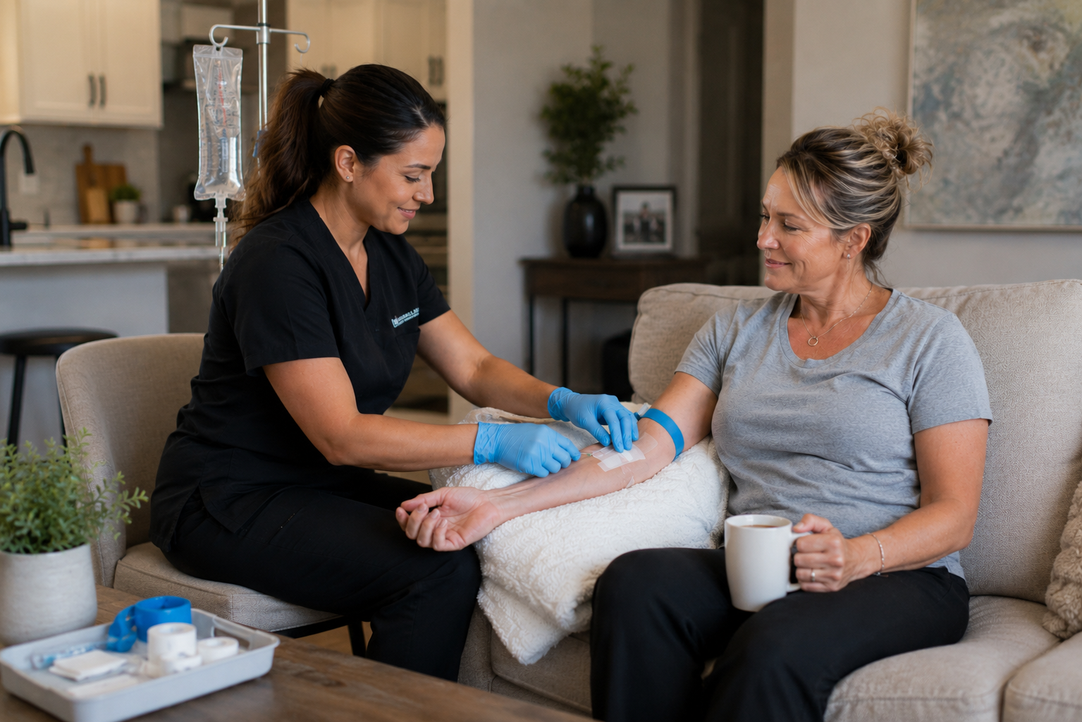 Nurse administering IV therapy to a smiling patient at home